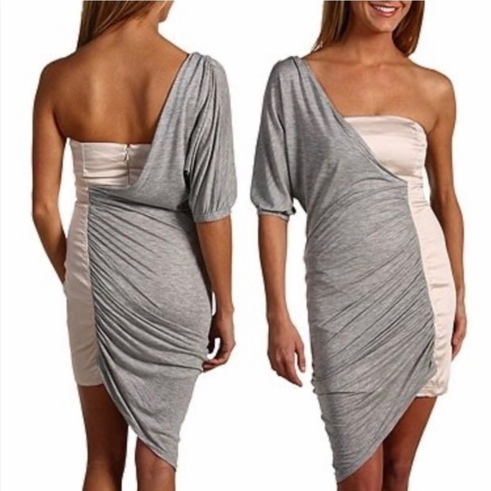 French Connection Gray Cream One-Shoulder Bodycon Dress